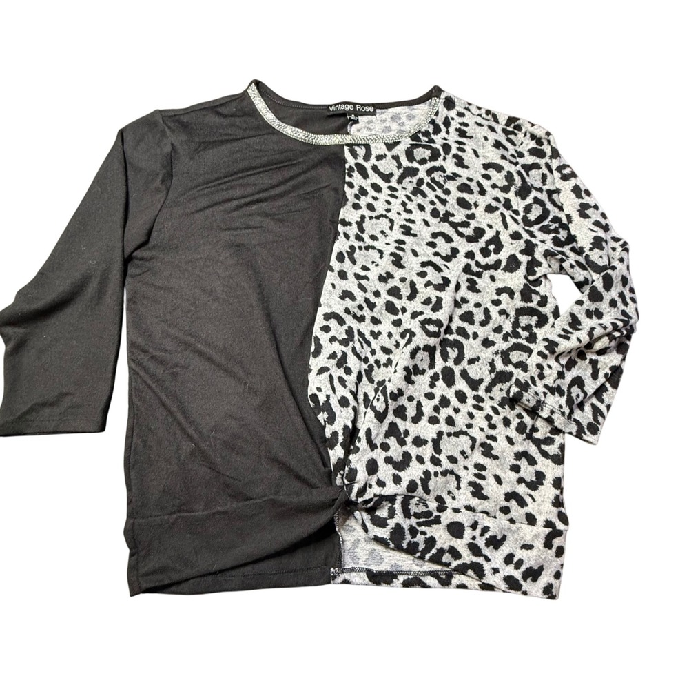 Vintage Rose Black Leopard Print Twist Front Crew‎ Neck 3/4 Sleeve Top Size M